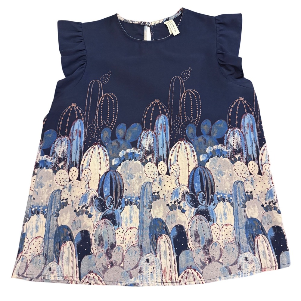 Westmoon Navy Cactus Flutter Sleeve Celestial Western Boho Top Sz L USA Made